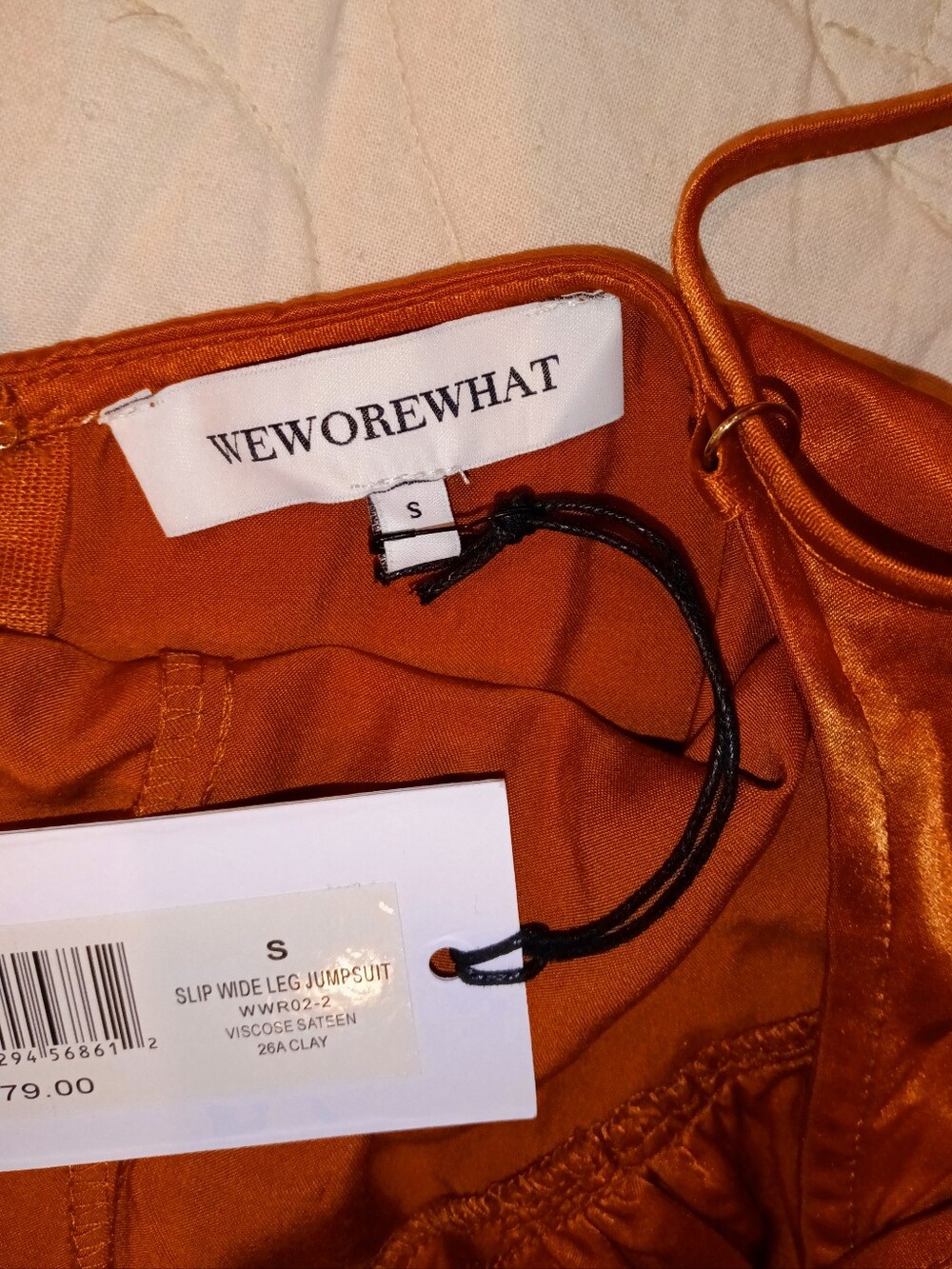 NWT WeWoreWhat Burnt Orange Wide-Leg Satin Jumpsuit with Spaghetti Straps - Picture 5 of 6